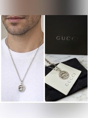 GUCCI Sterling Silver Interlocking G Pendant Necklace Ag 925 Italy